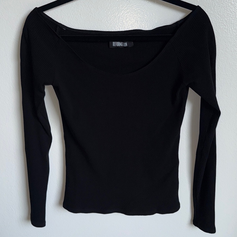 Reformation Off The Shoulder Black Long Sleeve Top, XL, Swoop Neck Tight Fitted